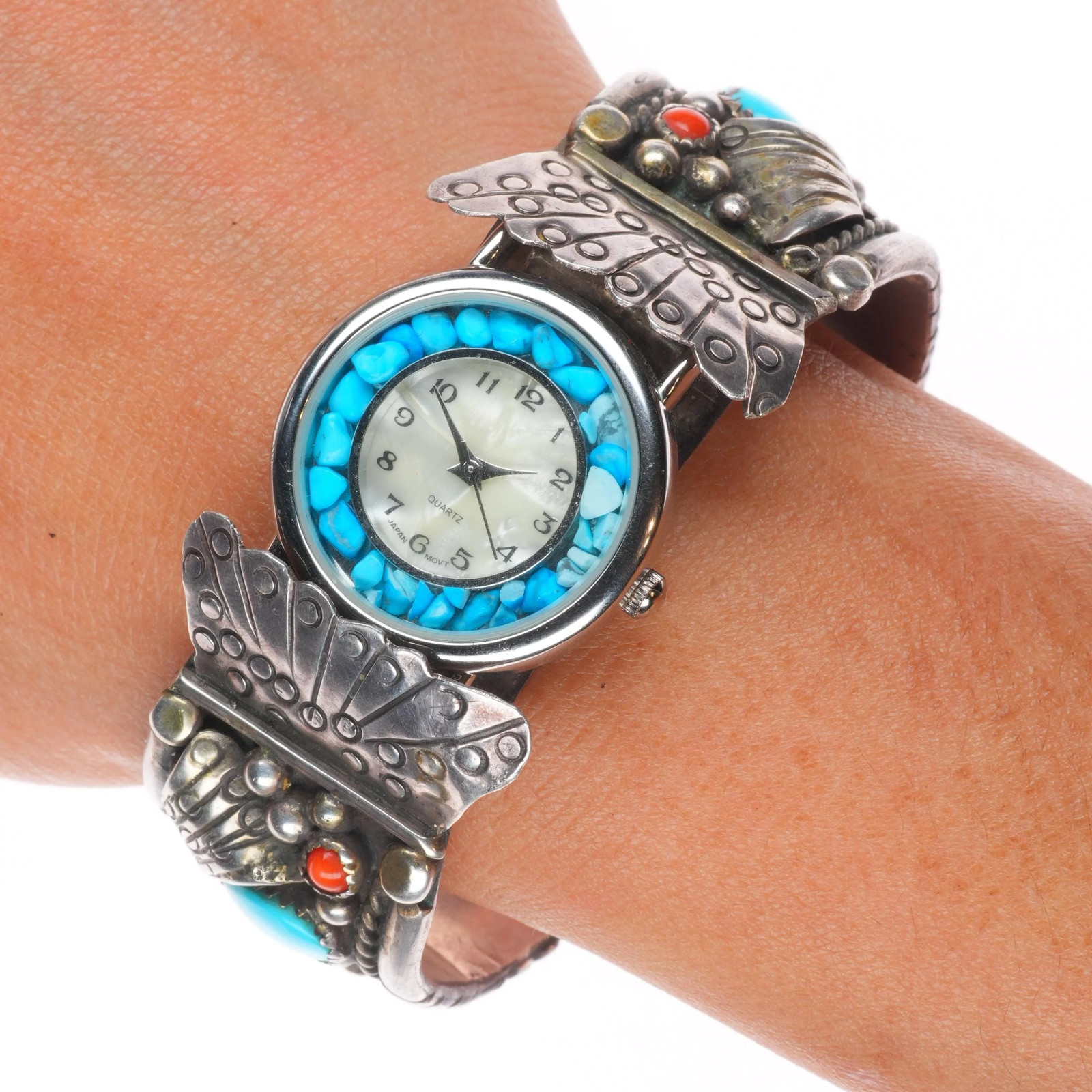 6.5″ Vintage Navajo sterling silver, turquoise, coral, onyx watch cuff bracelet