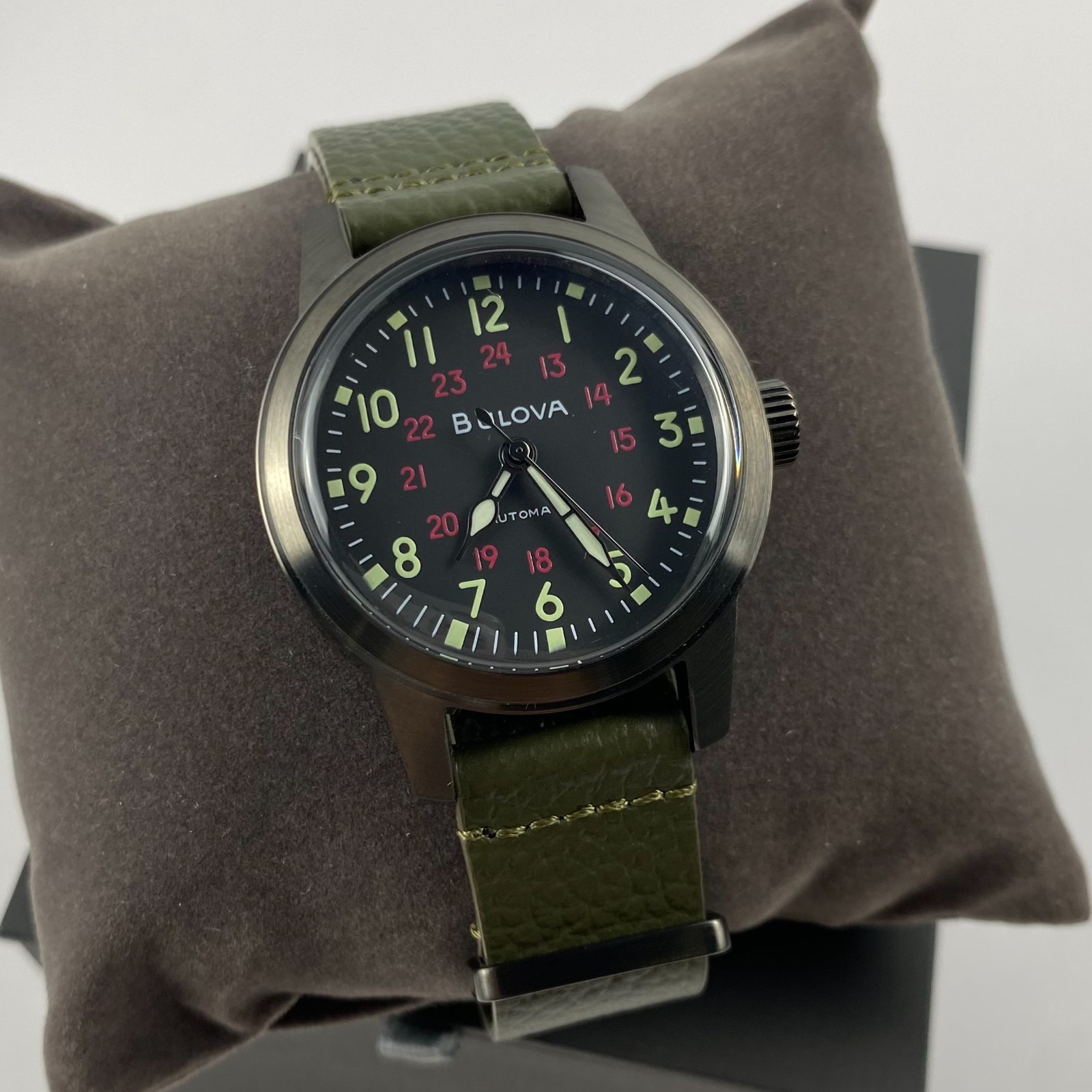 Bulova 98A255 Military Hack Automatic Men’s Watch Black Dial Green Leather Strap