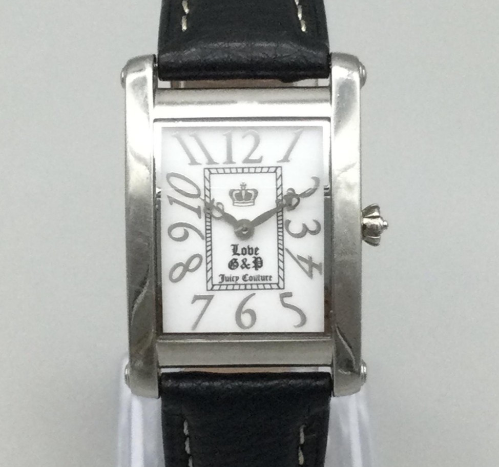 Juicy Couture Tank Watch Womens 24mm Silver Case Black Leather New Battery
