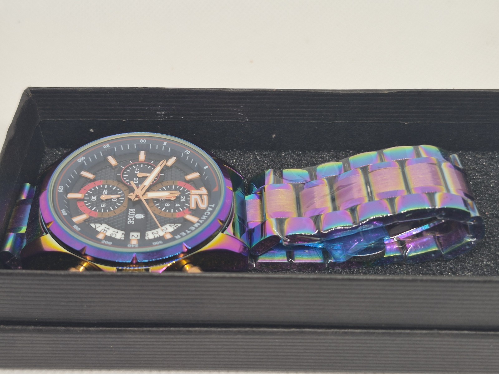 RUIGE Quartz Chronograph Tachymeter Date Watch Black Dial Multicolor Metal Box