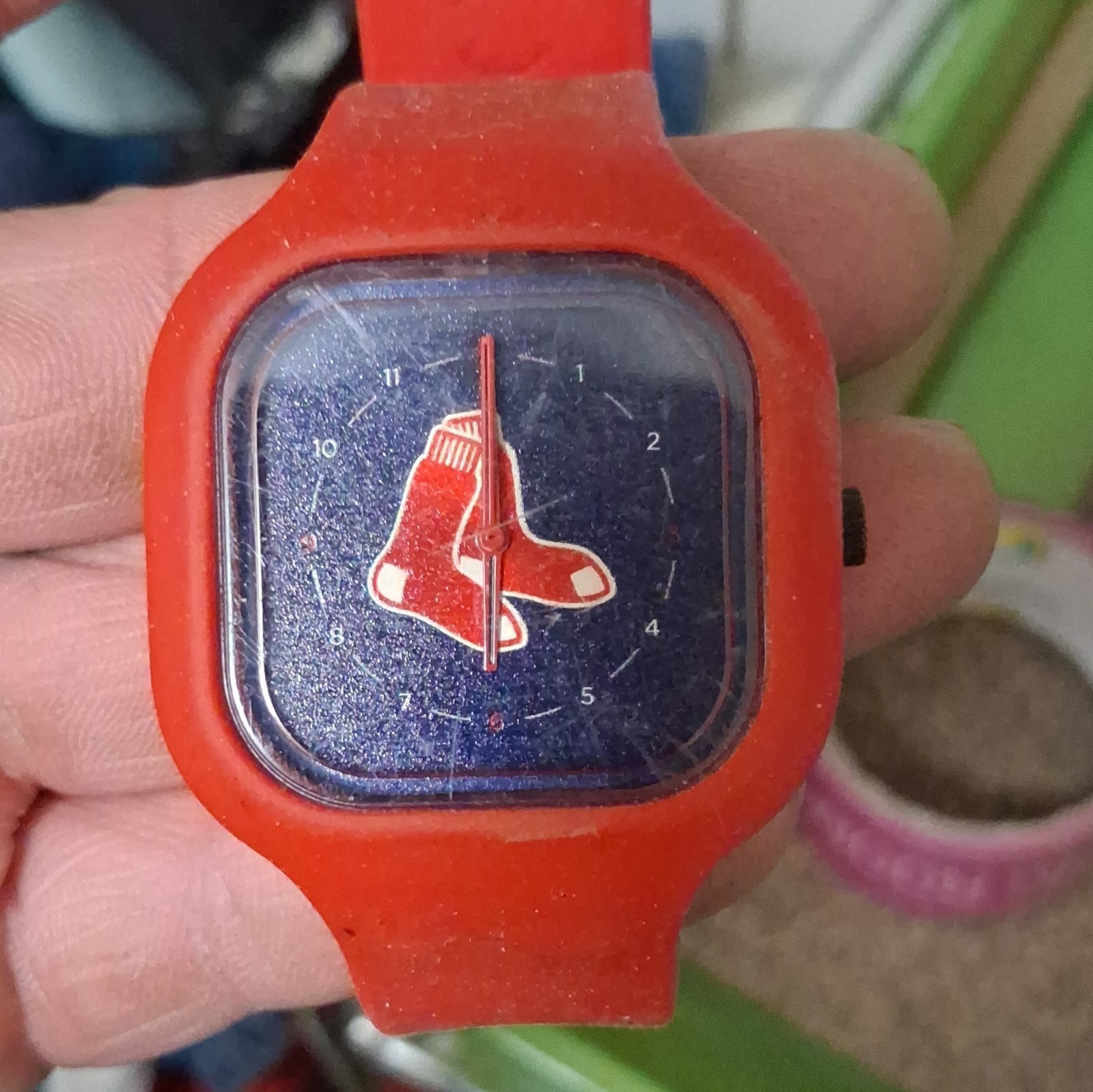 Boston Red Sox Logo Square Analog Wristwatch Red Rubber Band Blue/Red Dial