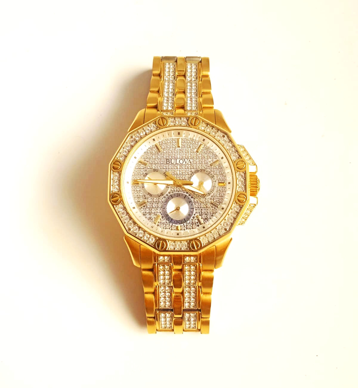 Bulova Men’s Gold Tone Swarovski Crystal Chronograph Watch w/ Box