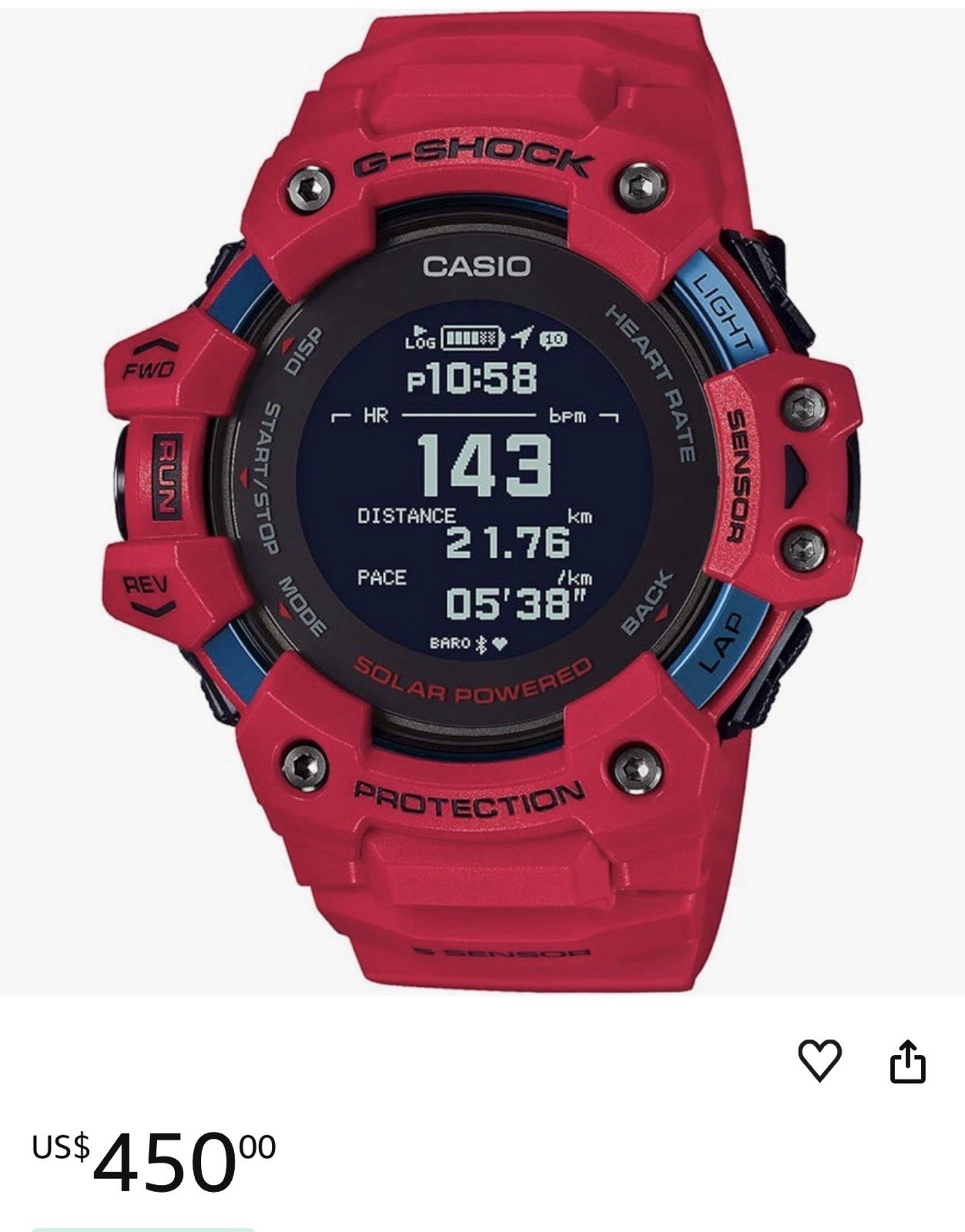 G-SHOCK G-SQUAD 55 mm Black Resin Case with Red Resin Strap Men’s Wristwatch