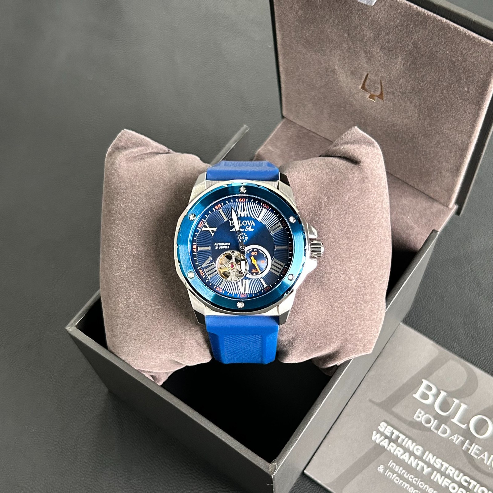 Bulova Marine Star Blue Dial-Blue Silicon Strap 98A303Automatic Men’s Watch 45mm