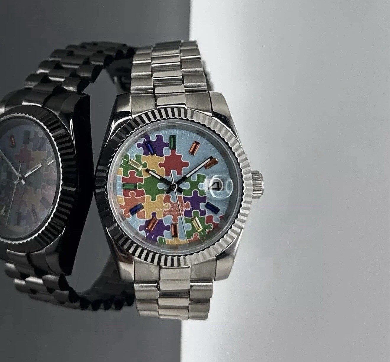 Custom 39mm “Puzzles” DJ Silver Mod Watch Gemstone Markers NH35 Automatic