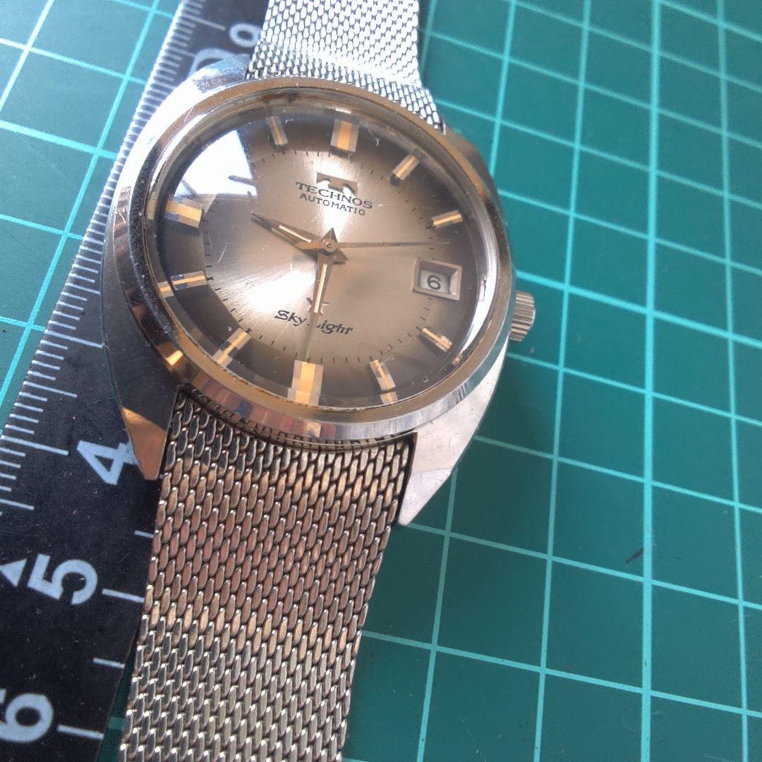 TECHNOS Sky Light Watch Auto Wind Brown Dial Mesh Band Vintage Japan-