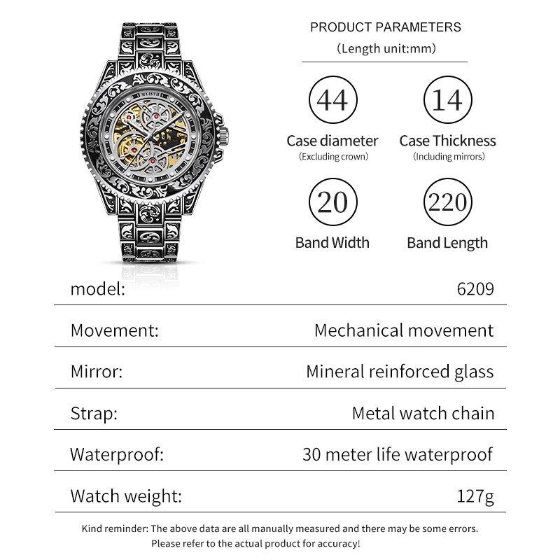Automatic Mechanical Watch For Men Retro Luminous Stainless Steel Strap Reloj