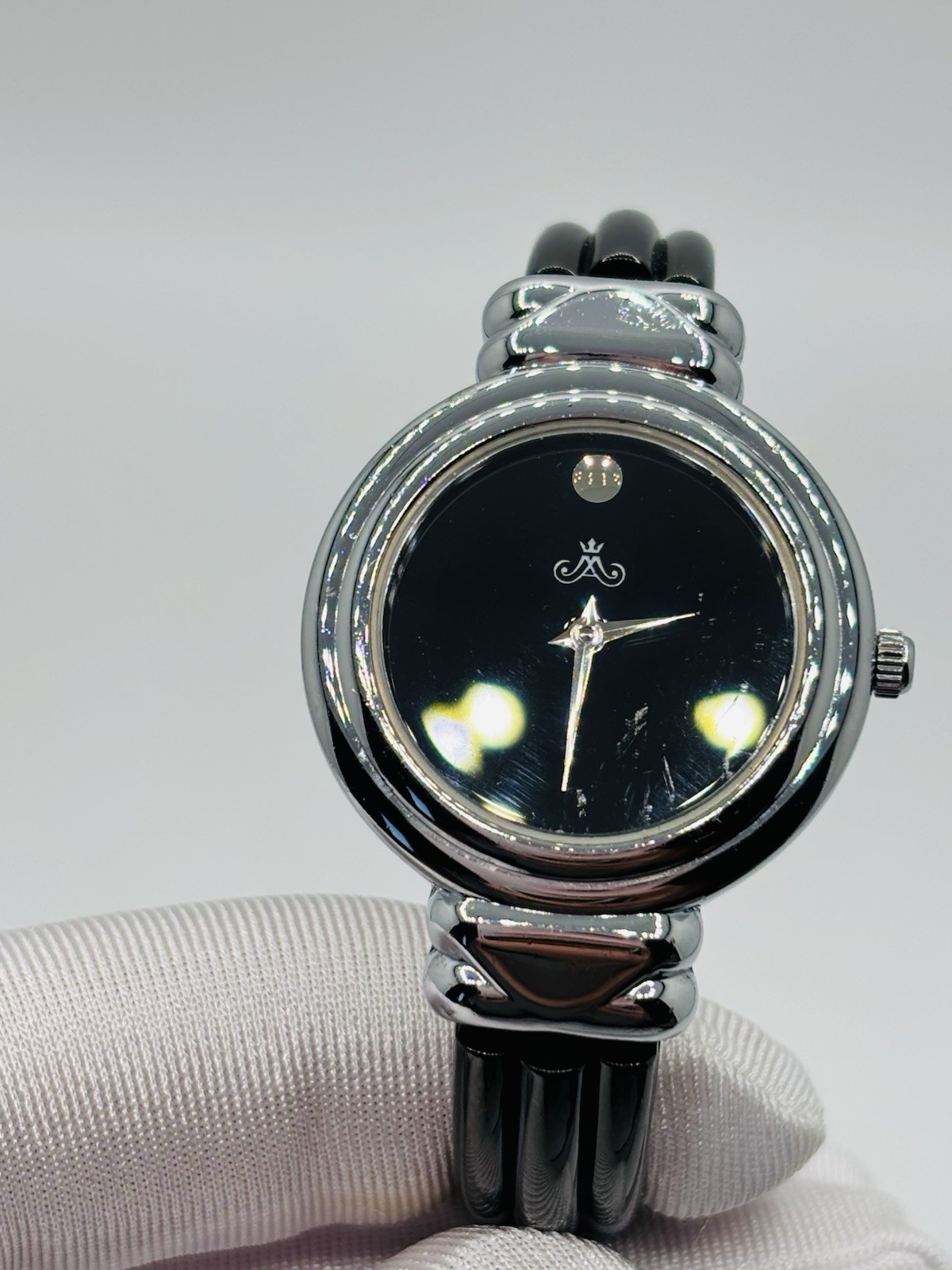 Meister Anker 1085-P Ceramic Bangle Cuff Watch Black Dial Quartz Women’s