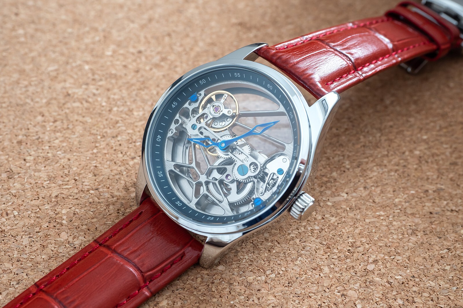 Mens Flywheel Bridge Movement Automatic Mechanical Watch Silver Red Leather Gift