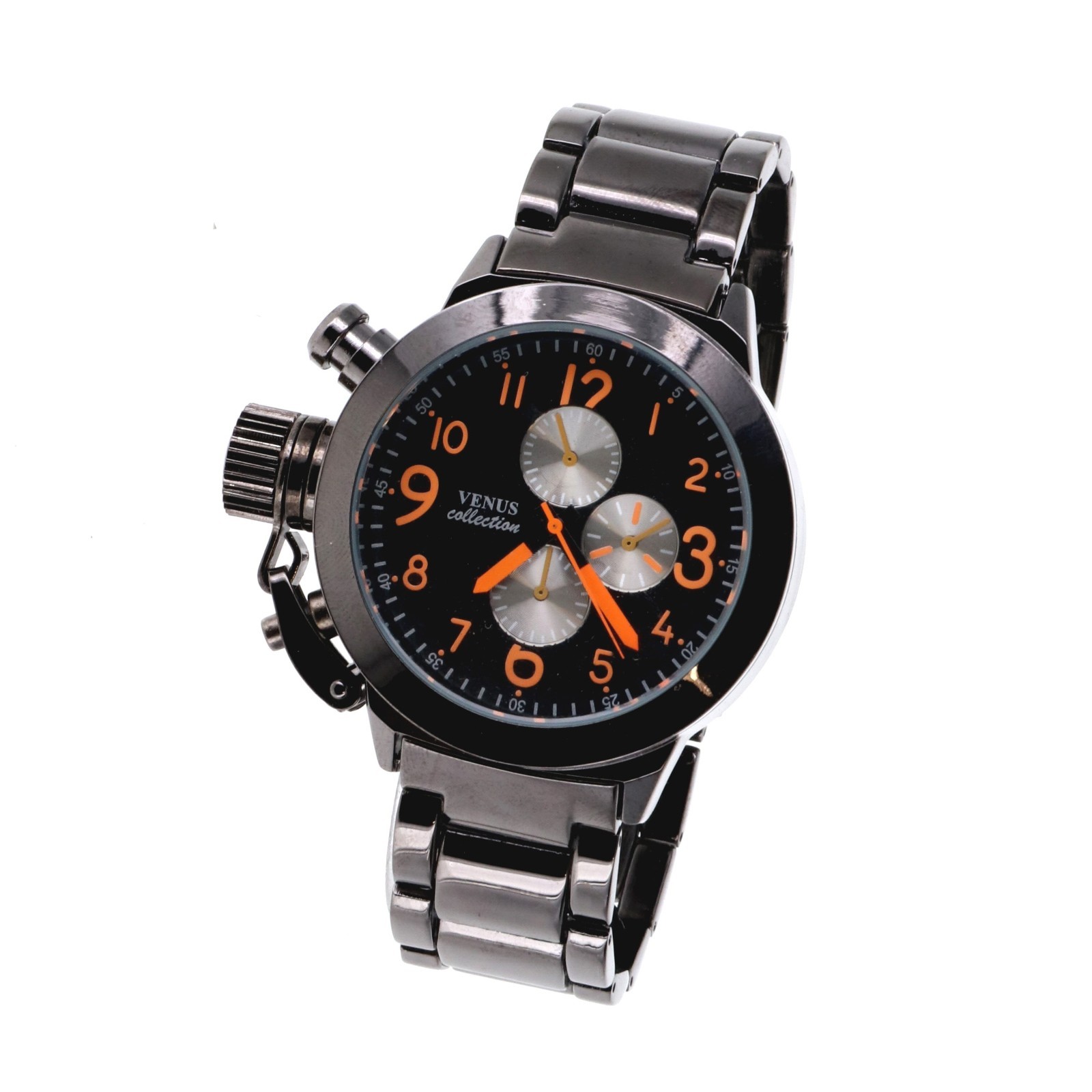 Venus collection Men’s Oversize Watch & Crown Black Finish Metal Band 46mm