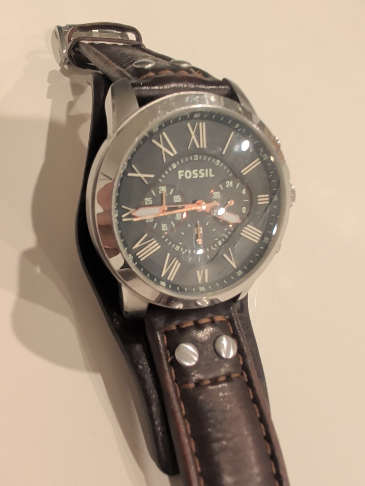 Fossil Grant FS4813 Chronograph Watch Black Dial Brown Leather 44mm Mens CH2565