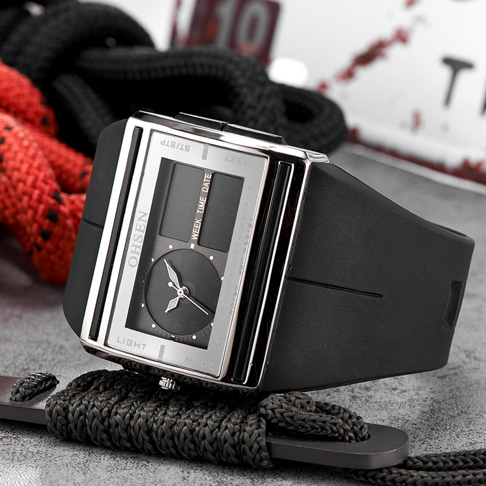 Men Rectangle Dual Display Military Tactical Luminous Wrist Watch Silicone Strap