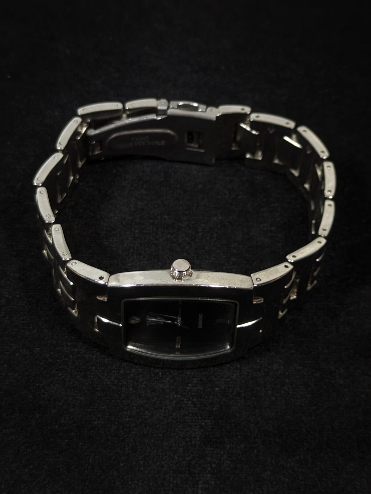 Mens VS Black Dial Silver Tone Rectangle Case Stainless St Link Band Watch 8.5in