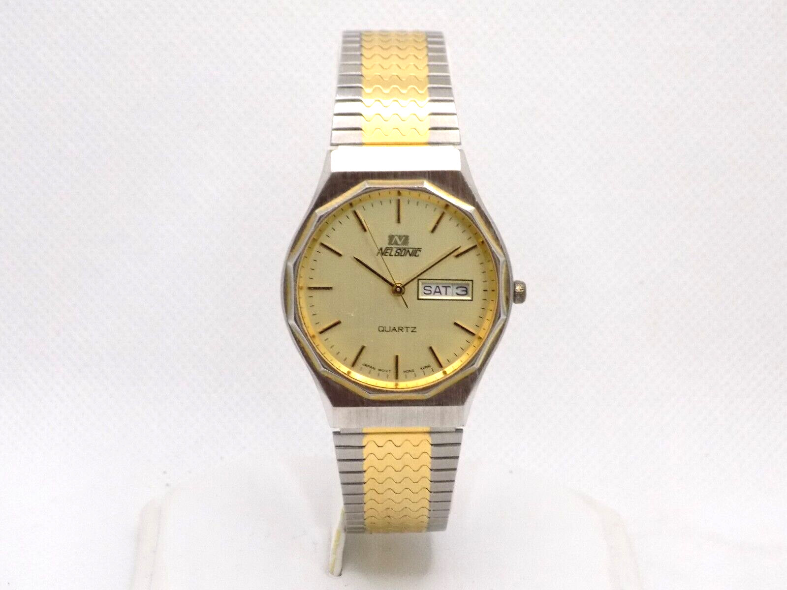Vintage NELSONIC Day Date S & G Two-Tone Stainless-Steel Quartz Watch JAPAN MOVT