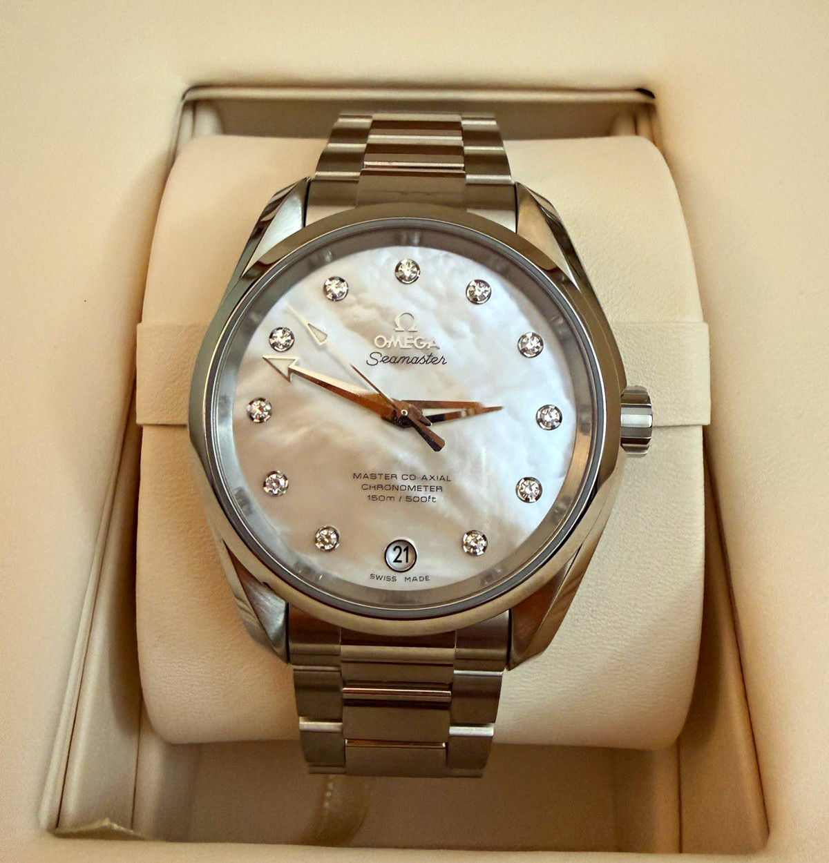 OMEGA Seamaster 38.5mm Auto Co-Axial Chronometer MOP Diamond Dial Date Box