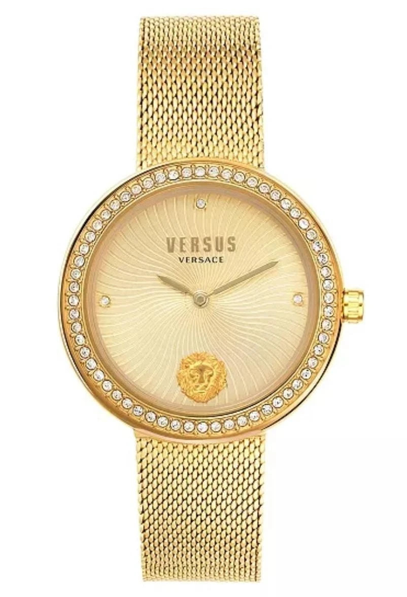 Versus Versace Greca Women’s Gold Tone Mesh Bracelet Watch Crystal Bezel 35mm