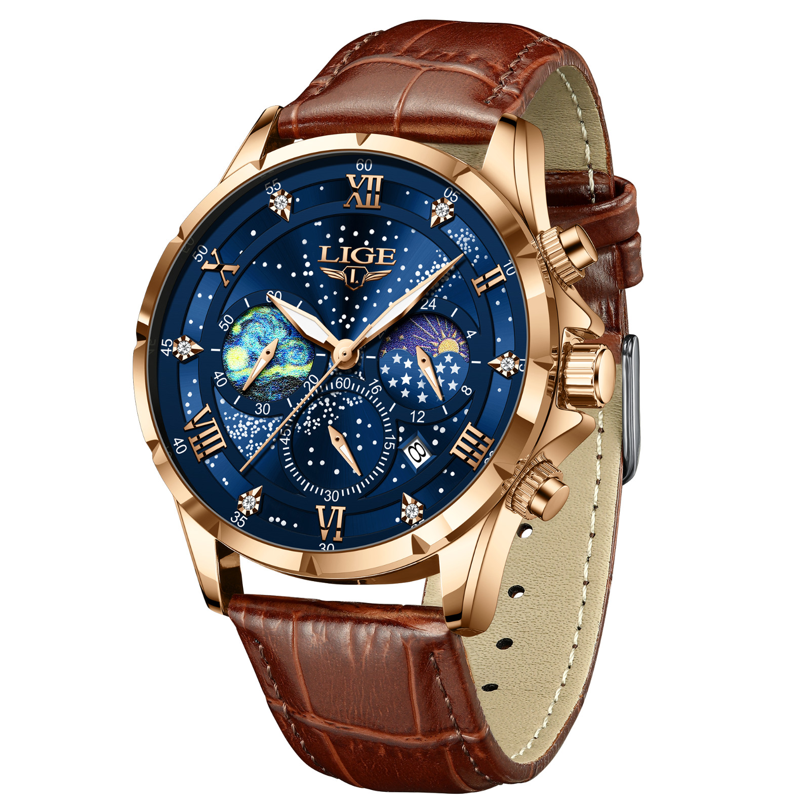 LIGE Luxury Quartz Men’s Watch Leather Moonphase Waterproof Luminous Wristwatch