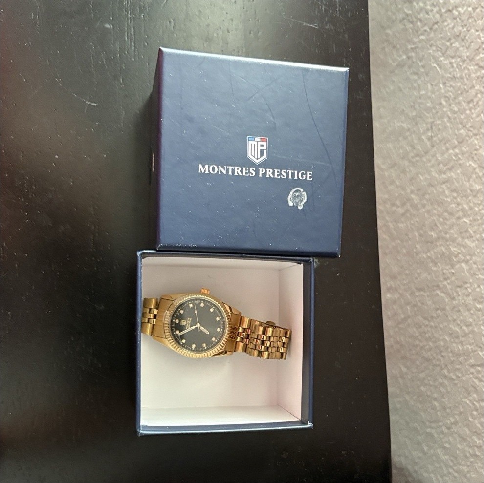Montres Prestige Men’s Gold Metal Quartz Watch Black Dial Gemstone Markers Box