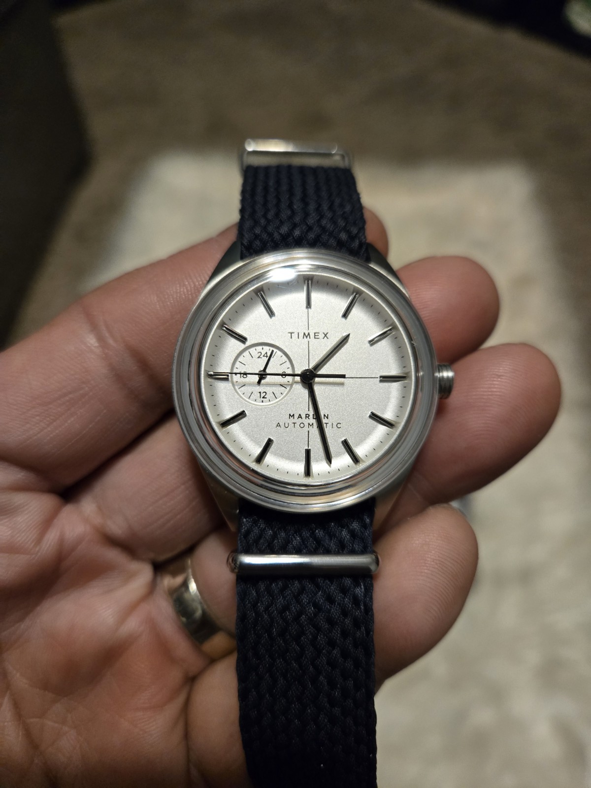 Timex Marlin Automatic Men’s Watch Silver Dial Blue One-Piece Fabric Strap Box