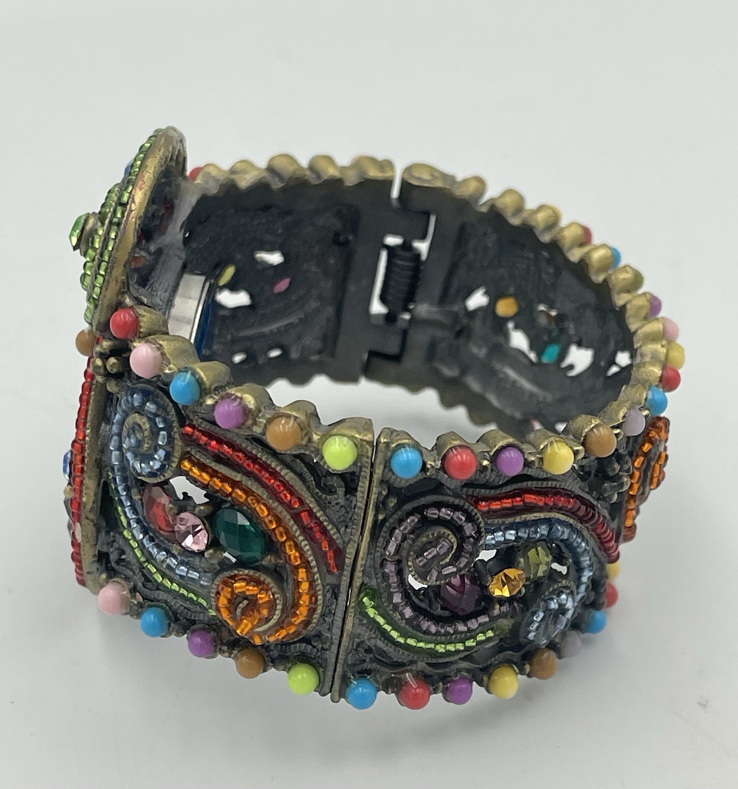 Narmi Quartz Beaded Hinge Bracelet Watch Brass Tone Multicolor Jewel New Battery