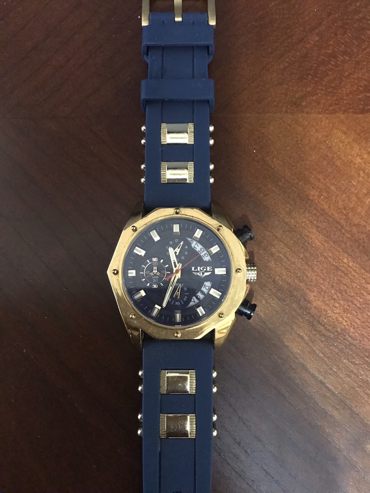 LIGE Chronograph Date Quartz Watch Blue Silicone Strap Gold Tone Case 47mm