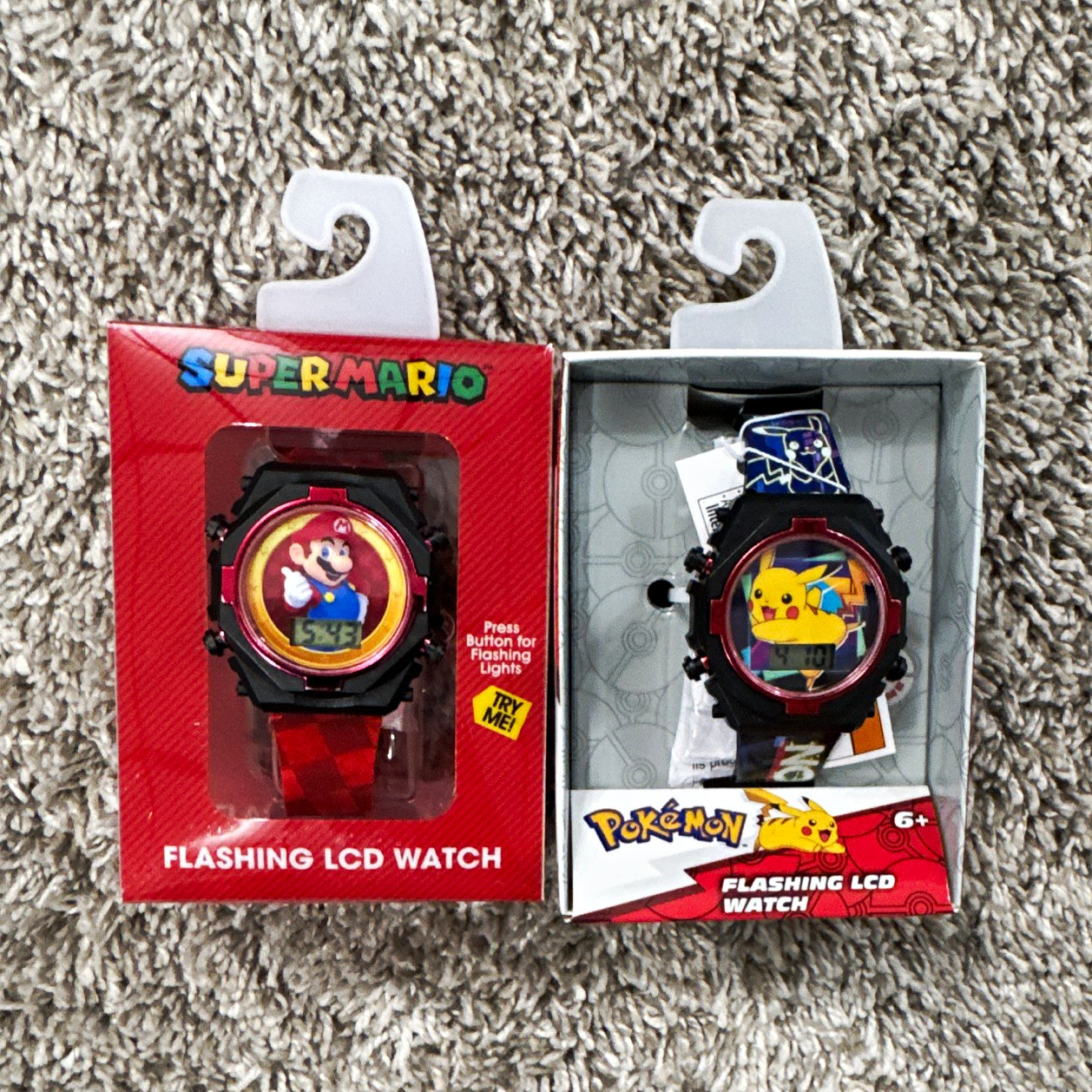 Super Mario/Pokemon Flashing LCD Digital Quartz Kids Watch 42mm Red/Black.Bundle