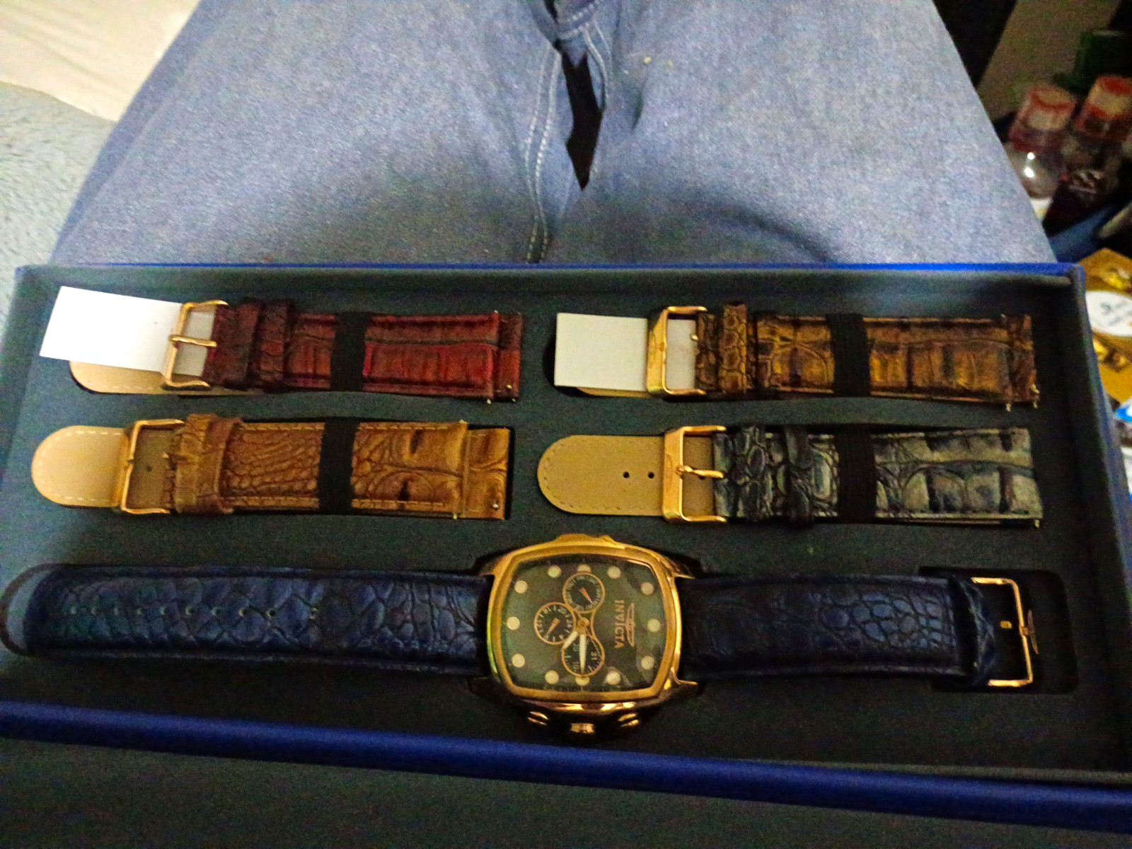 Invicta Men’s Tonneau Chronograph Quartz Watch Blue Leather Strap Set w/ Box