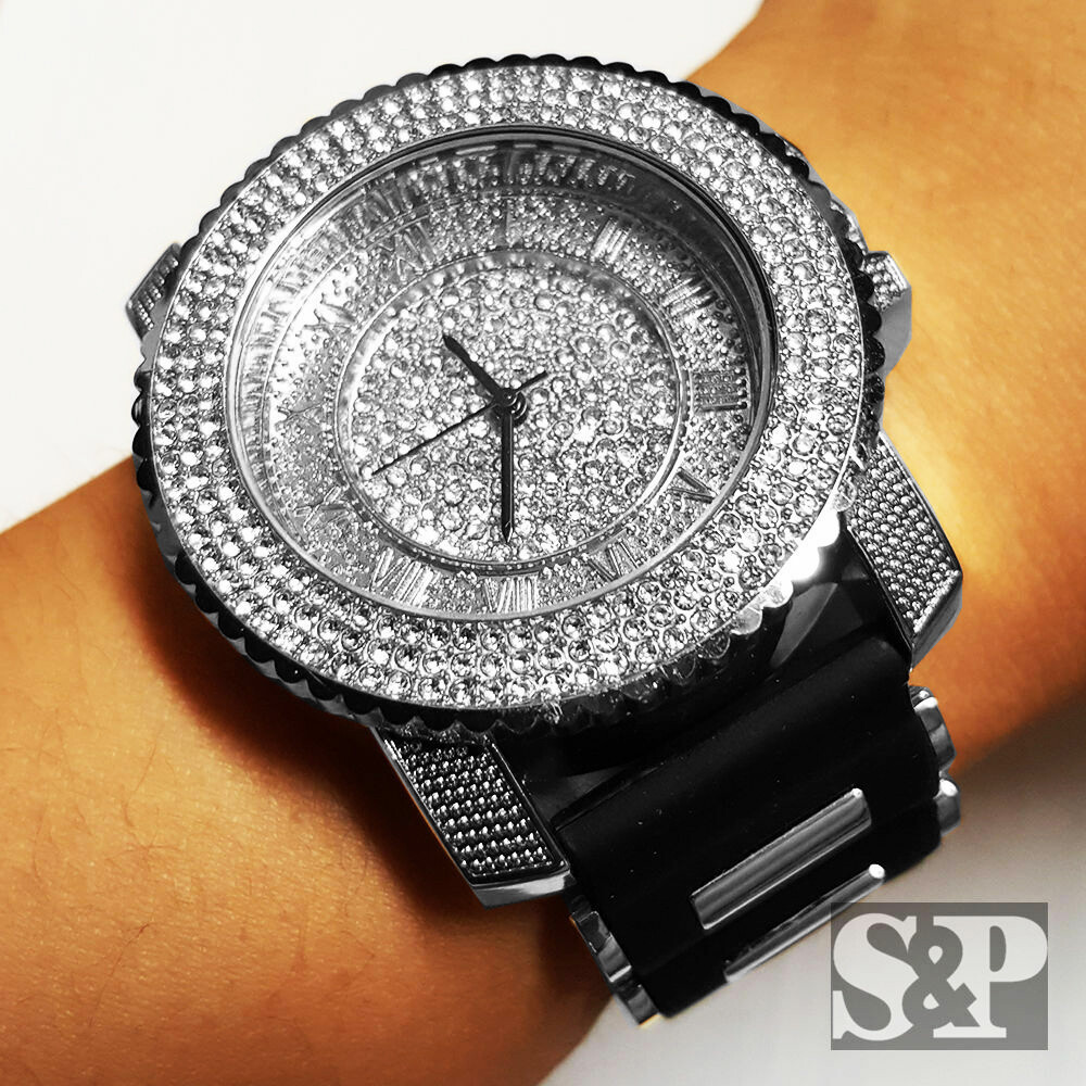 Unisex Luxury Hip Hop Iced Silver Finished Rapper’s Black Silicone Band Watch
