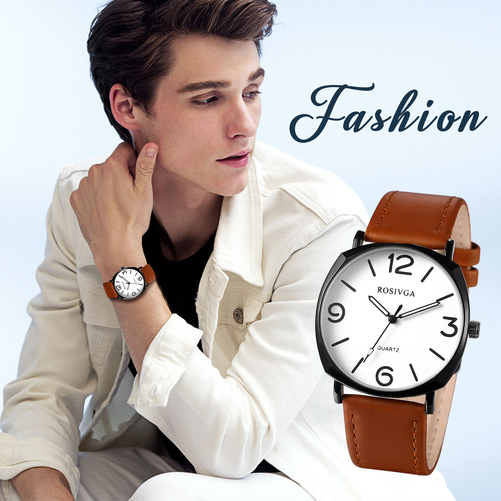 Simple Casual Men’s Large Digital Dial PU Leather Band Quartz Analog Wrist Watch