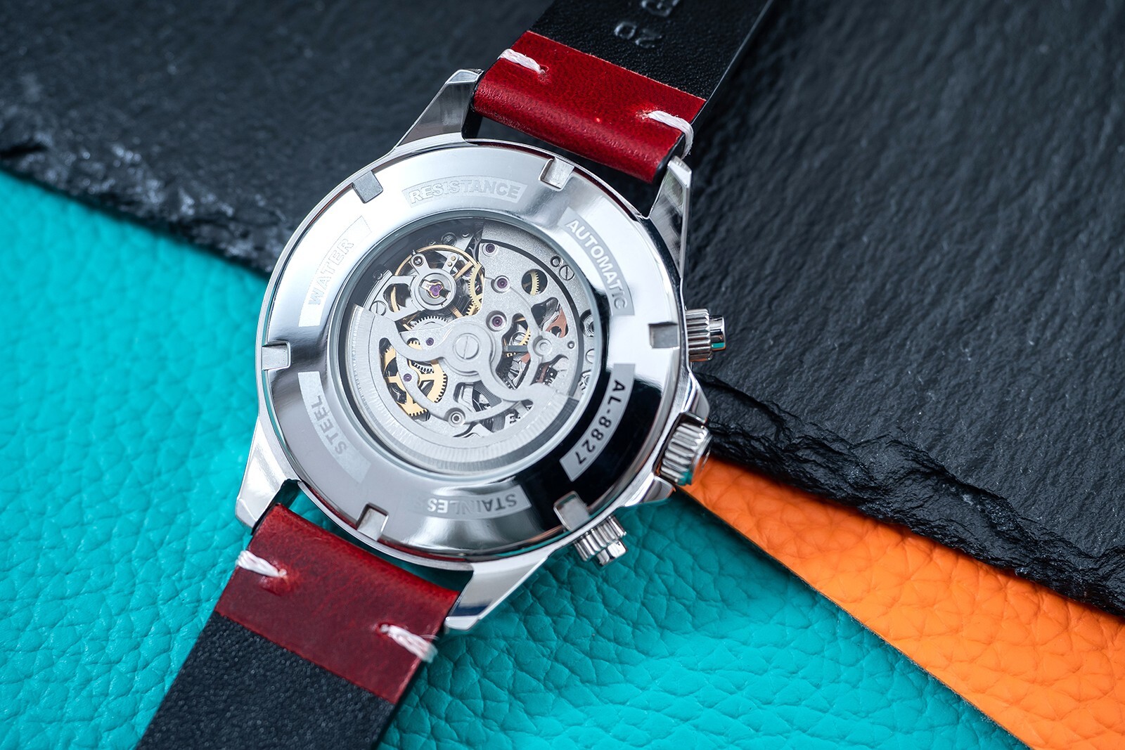 Mens Automatic Mechanical Watch Calendar Silver Dark Red Oil Waxed Leather Gift
