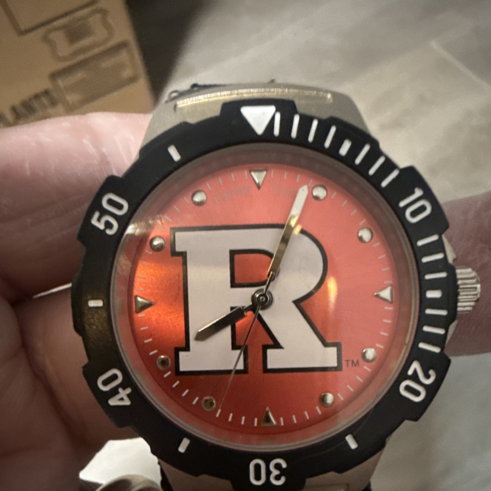 Rutgers Wristwatch Black Band Red Dial Analog Arrow Markers Silver Black Case