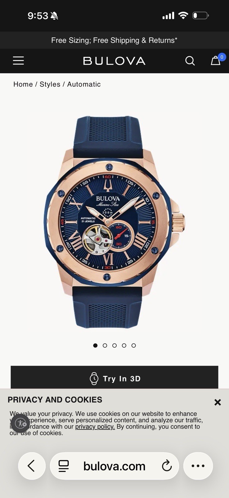 Bulova Marine Star Automatic 200m Open Heart 45mm Blue Dial, Box