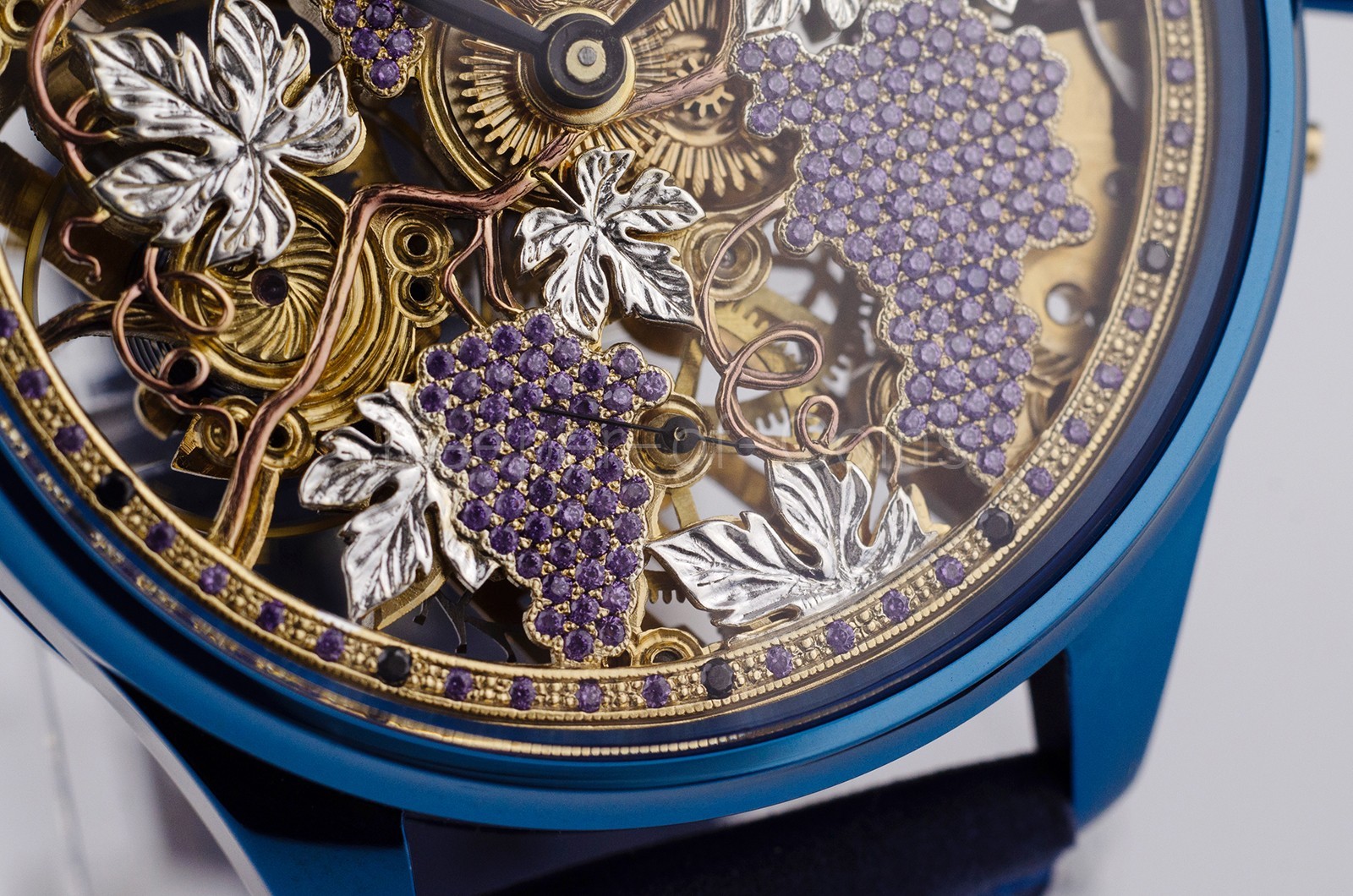 SWISS MOVEMENT SKELETON “GRAPE” ENGRAVED WRISTWATCH CUSTOM MADE MARRIAGE WATCH