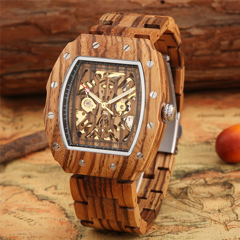 Handmade Men Watch Skeleton Automatic Mechanical Wooden Wristwatch Wood Bracelet