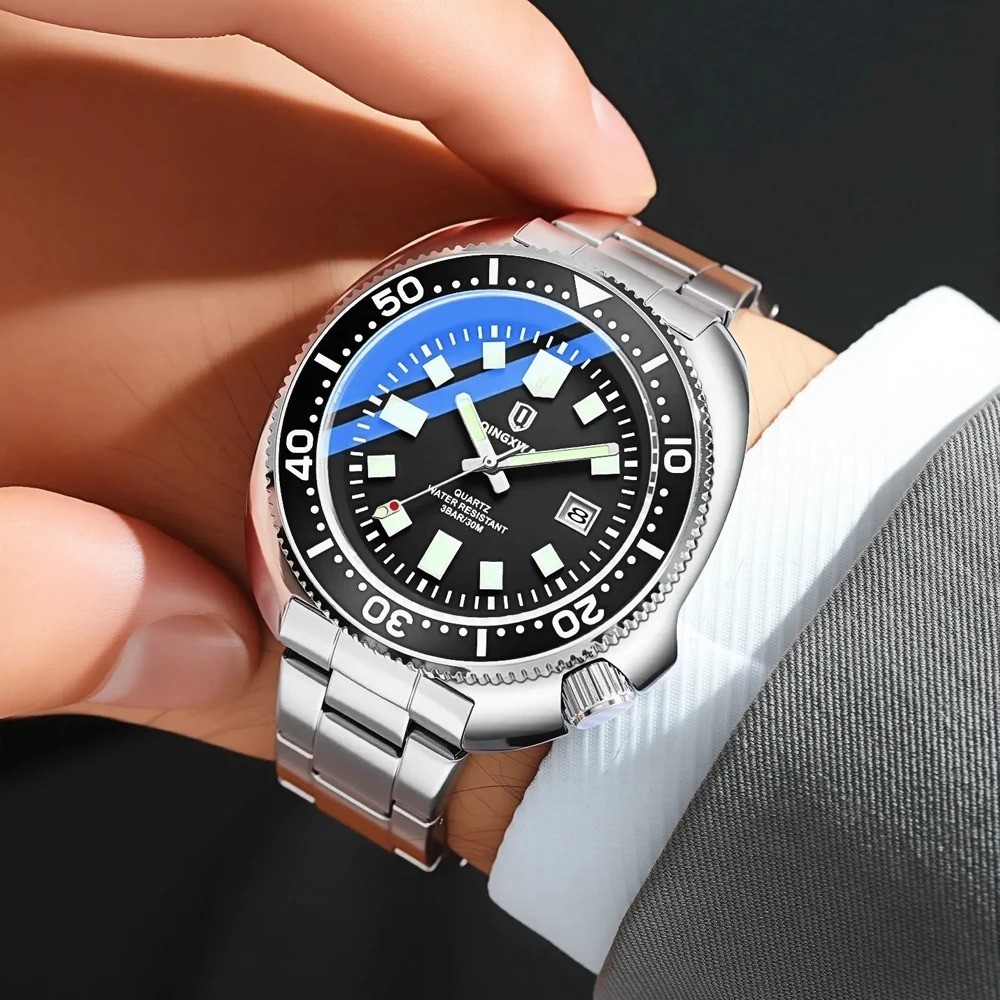 44MM QINGXIYA Tuna Quartz Mens Watch Stainless Steel 30M Waterproof Luminous NEW
