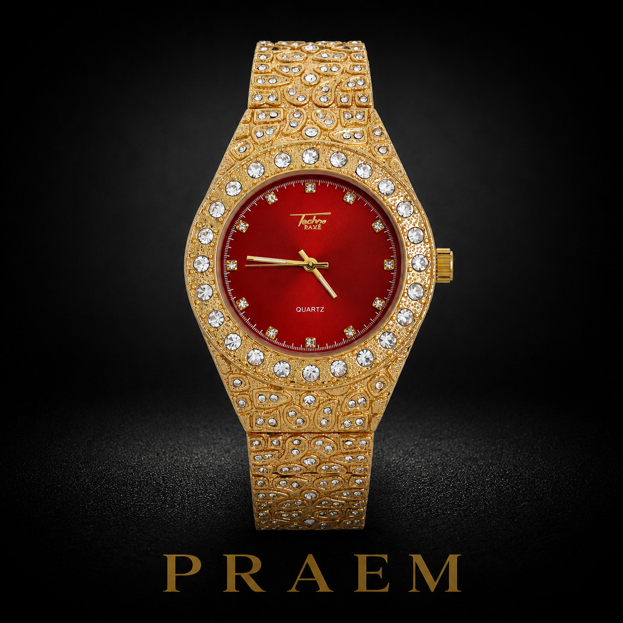 PRAEM Gold Plated Iced CZ Nugget Metal Band Watch Red Dial Japanese Quartz