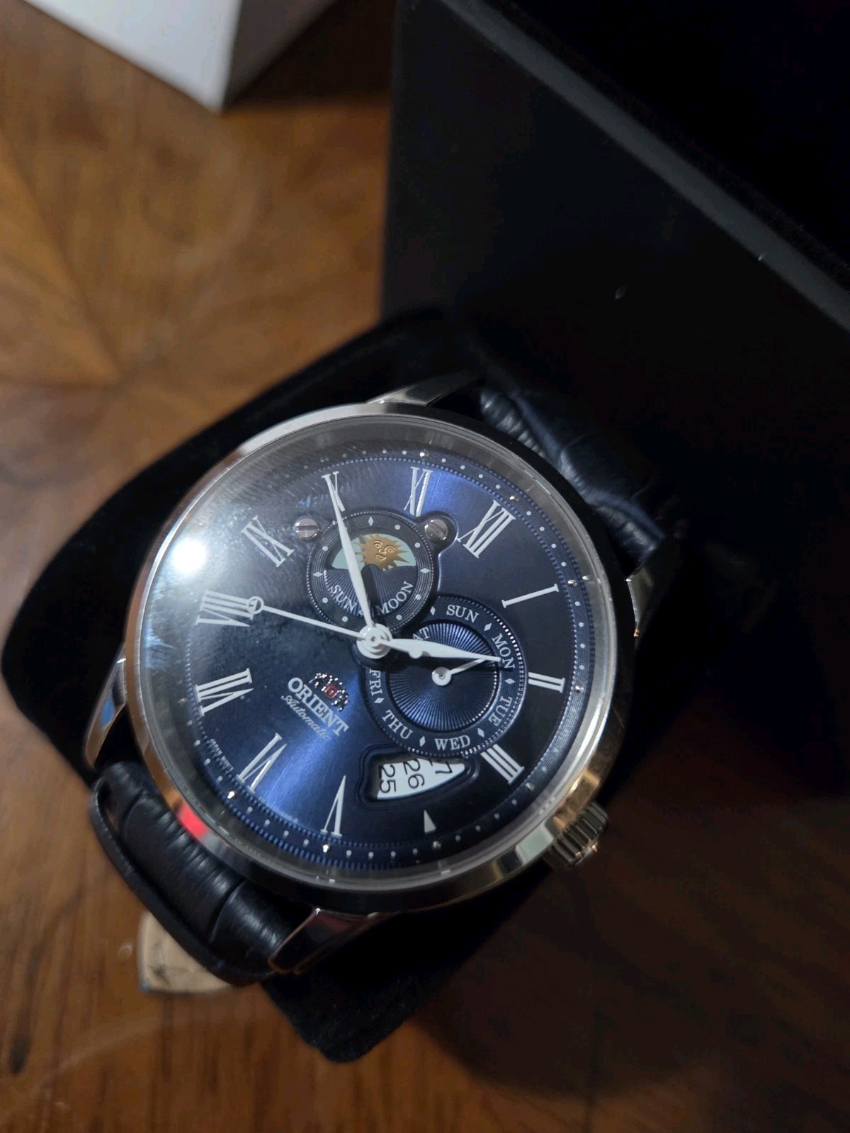 Orient Sun and Moon Version 2 Silver W/ Blue Leather Strap Men Automatic watch