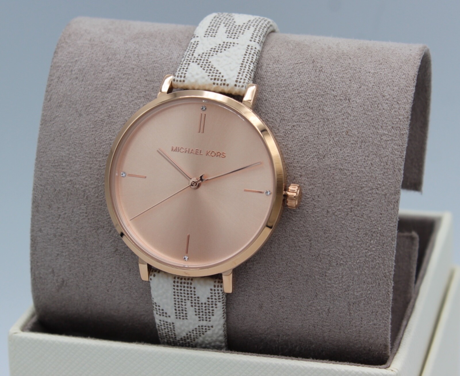 NEW AUTHENTIC MICHAEL KORS JAYNE VANILLA WHITE ROSE GOLD PVC WOMENS MK7128 WATCH