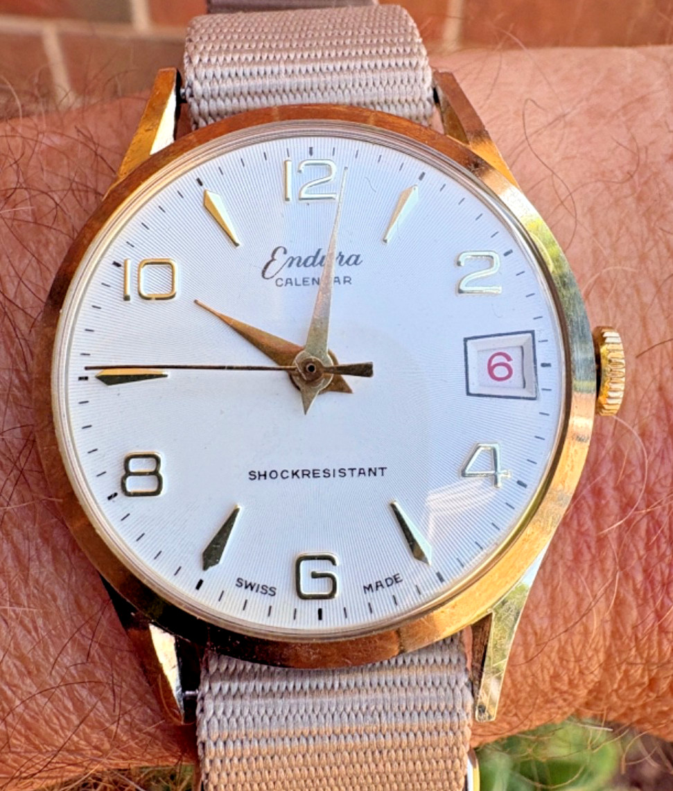 Vintage Endura Calendar Swiss Manual Wind Watch New Crystal Runs Date 34mm