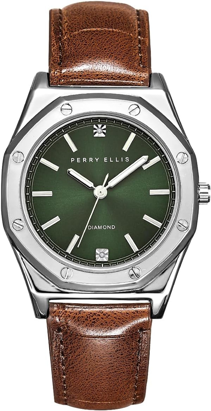 Ultra Slim Diamond Men’s Watch – Green Sunray Dial, Brown Leather Strap