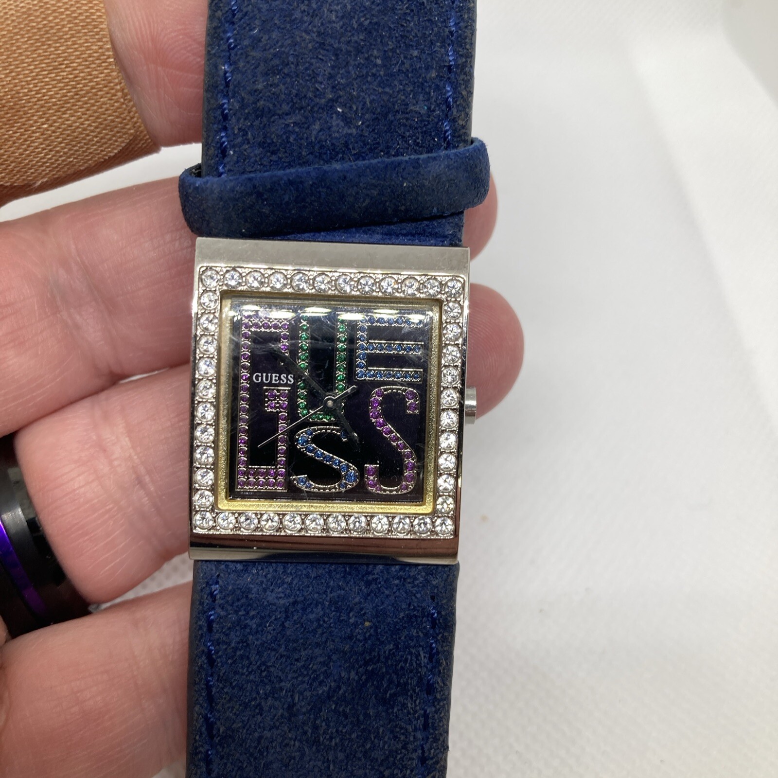 Unique Multicolor Jeweled Working Guess Watch, Blue Genuine Leather Band