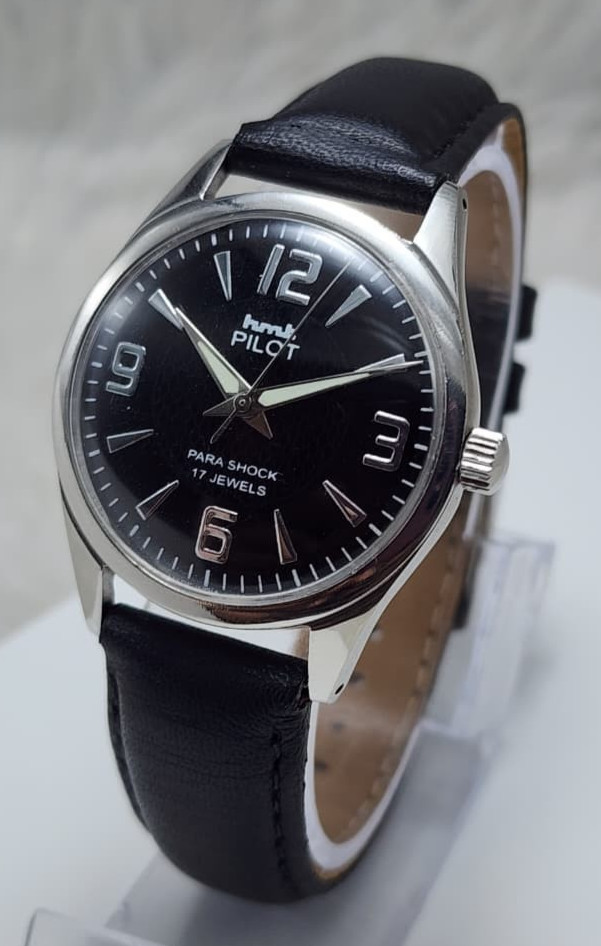 Working Hand winding HMT Pilot Black Dial 17 Jewels Back Wrist Watch