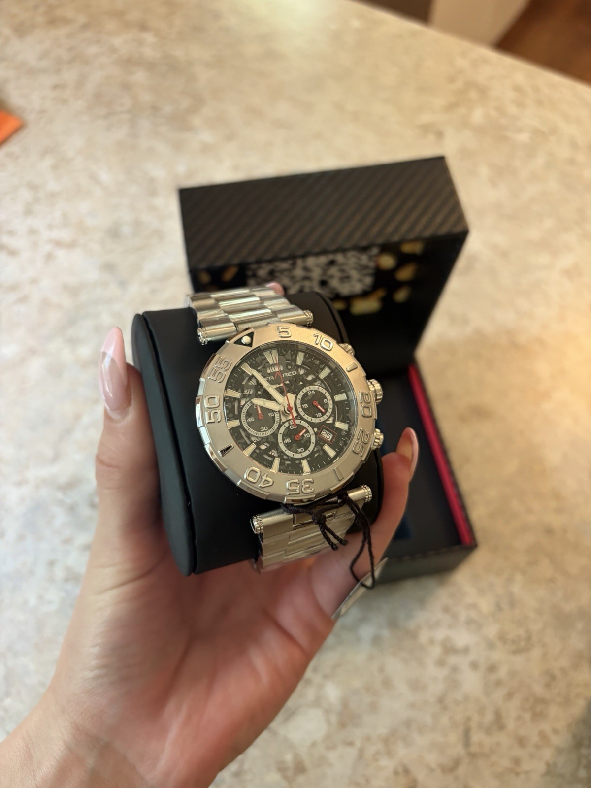 Infrared Men’s Quartz Chronograph Date Black Dial Silver SS Bracelet Watch Box