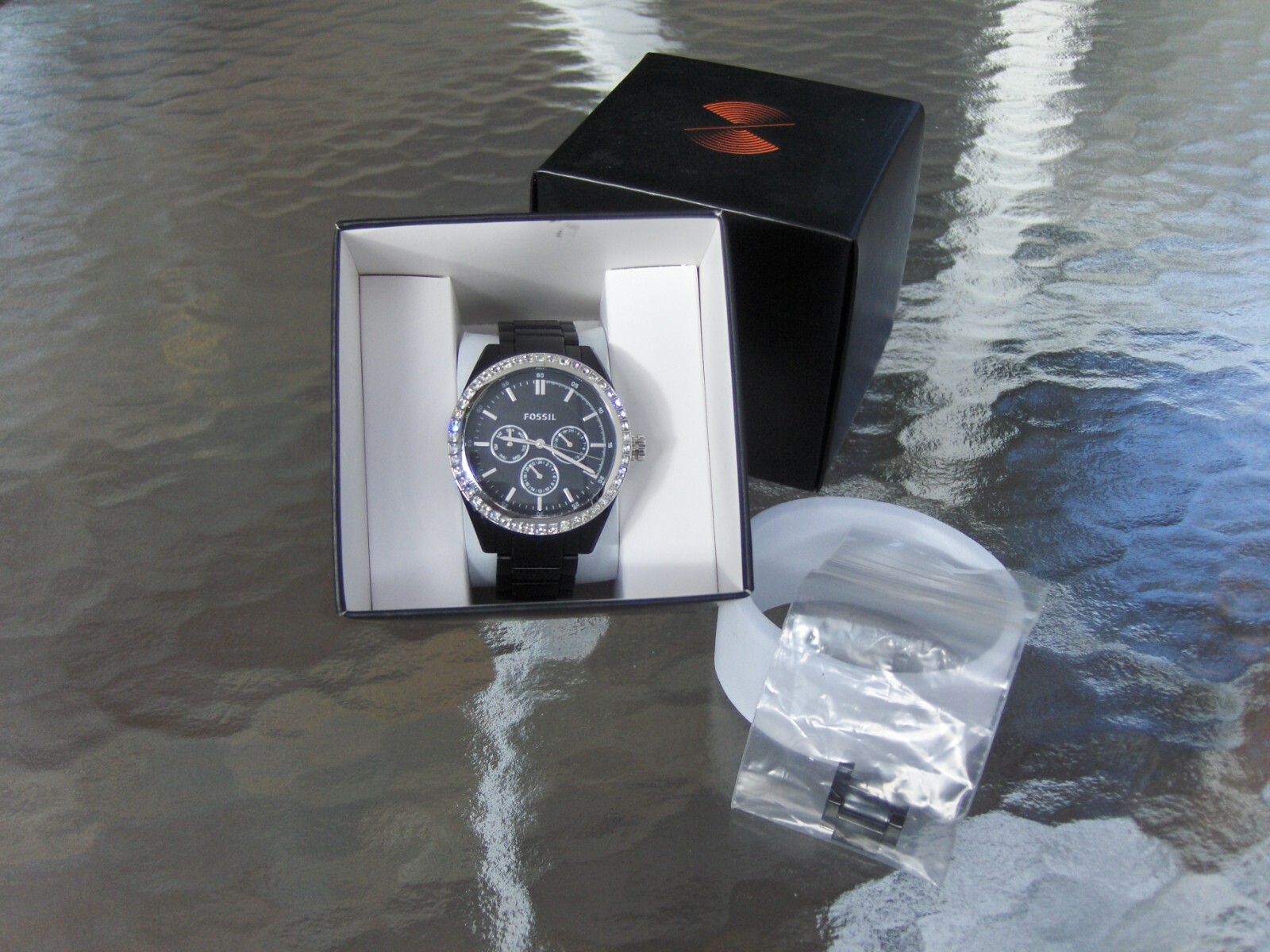 FOSSIL BQ1192 CARISSA BLACK PLASTIC RESIN BRACELET SWAROVSKI CRYSTAL BAGUETTES