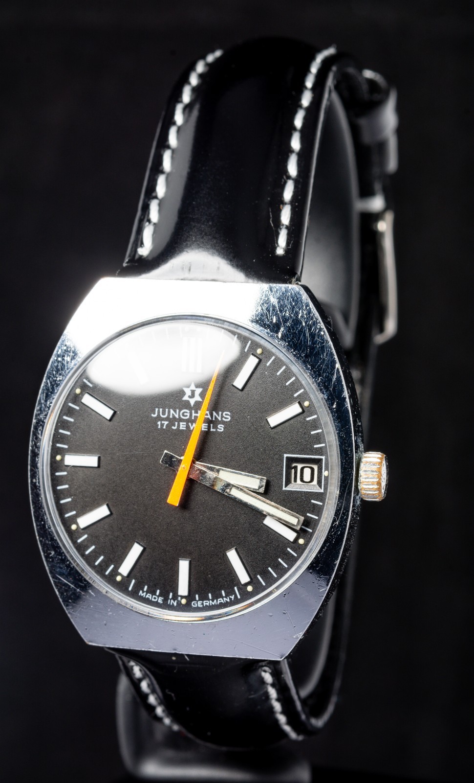 Junghans Black Dial Orange Hand Men’s Hand-Wind Vintage German Watch — Working