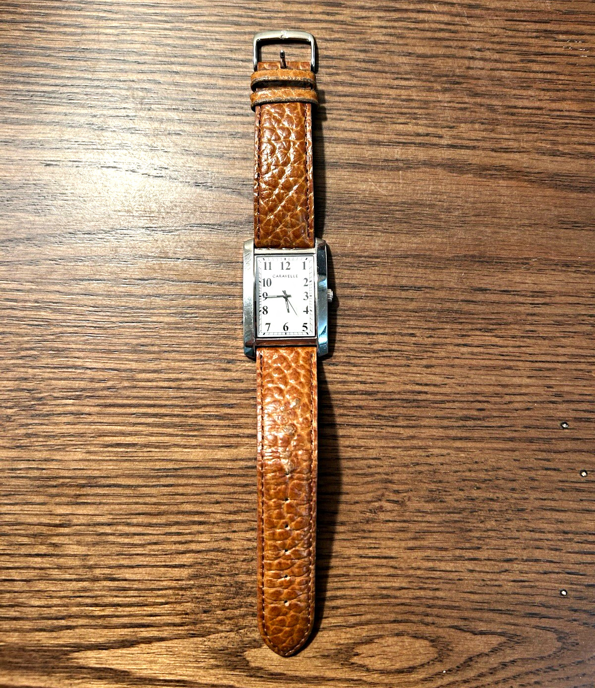 Caravelle Rectangle Quartz Watch Silver SS Case White Dial Brown Leather Strap