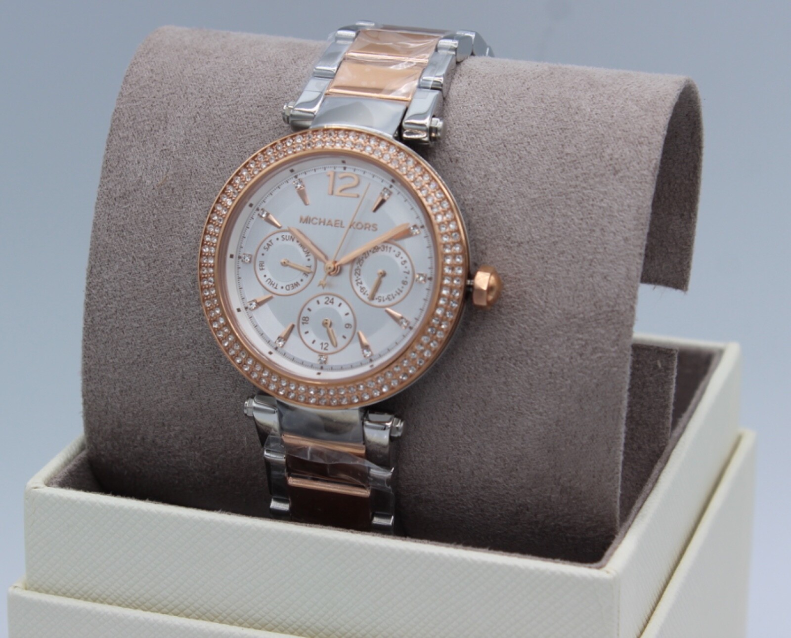 NEW AUTHENTIC MICHAEL KORS PARKER CHRONO SILVER ROSE GOLD MK6301 WOMEN’S WATCH