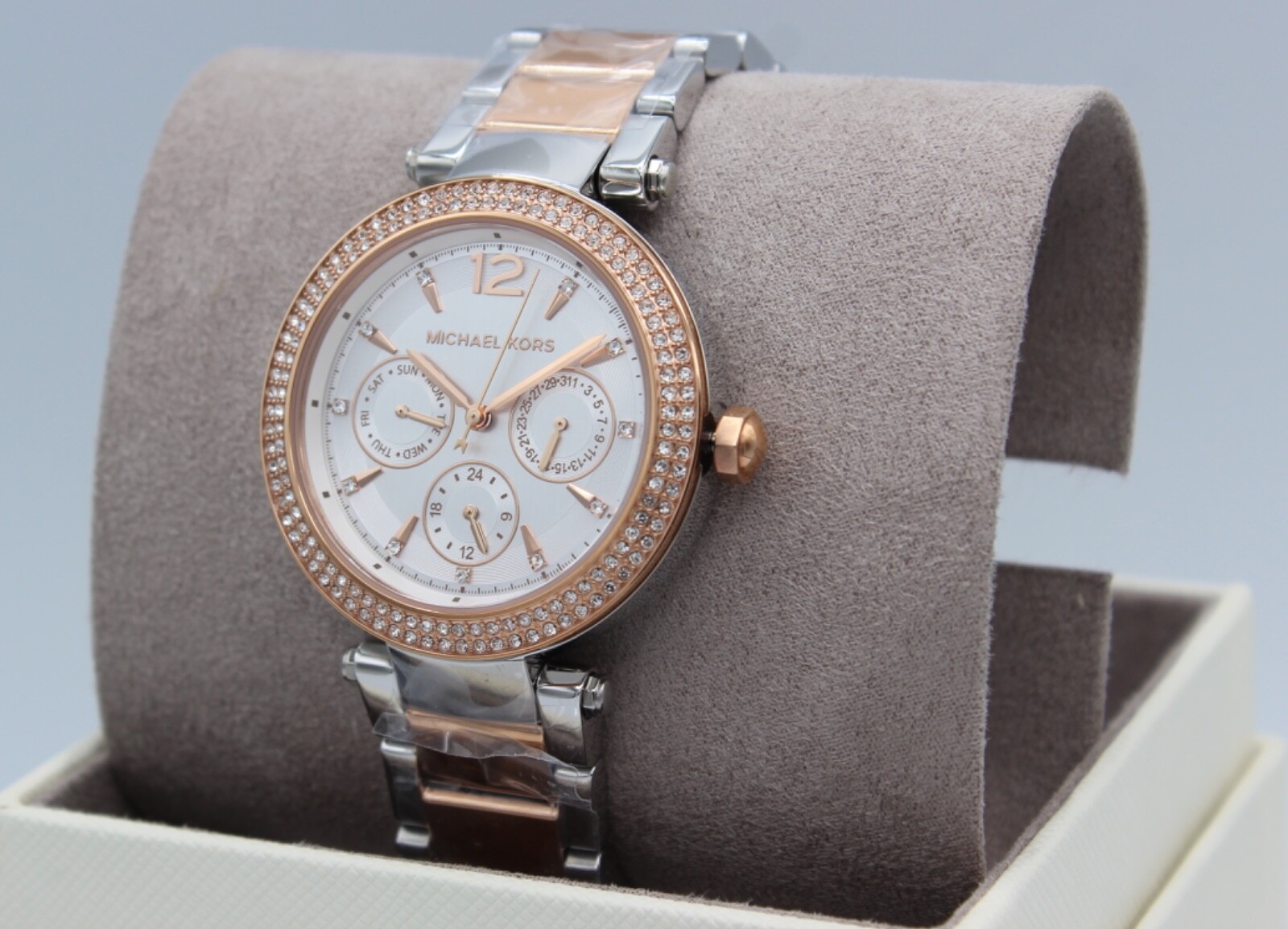 NEW AUTHENTIC MICHAEL KORS PARKER CHRONO SILVER ROSE GOLD MK6301 WOMEN’S WATCH