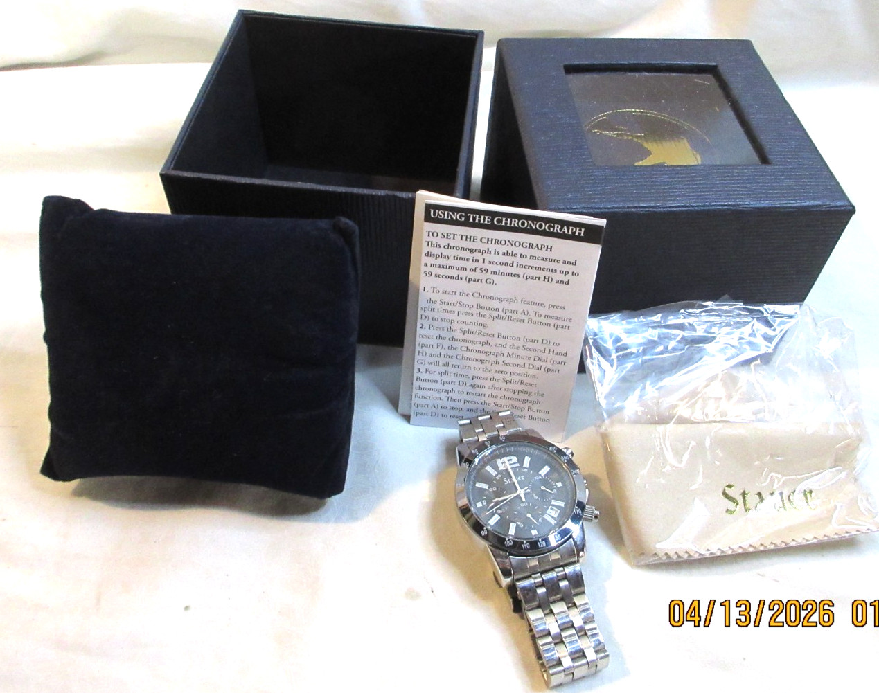 STAUER~ JET SETTER~ MEN’S CHRONOGRAPH WATCH~BOX, INSTRUCTION & CLEANING CLOTH