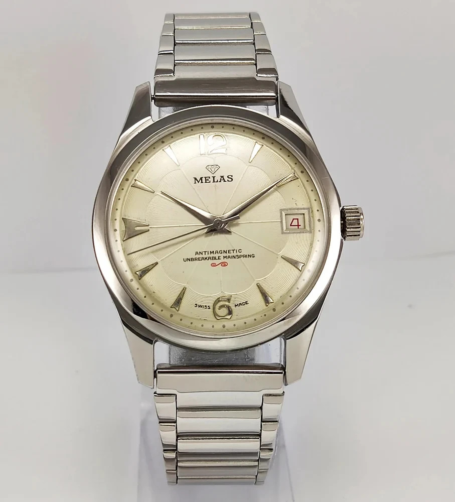 Working Melas Pearl Dial Date Function Handwinding Transparent Back Wrist Watch
